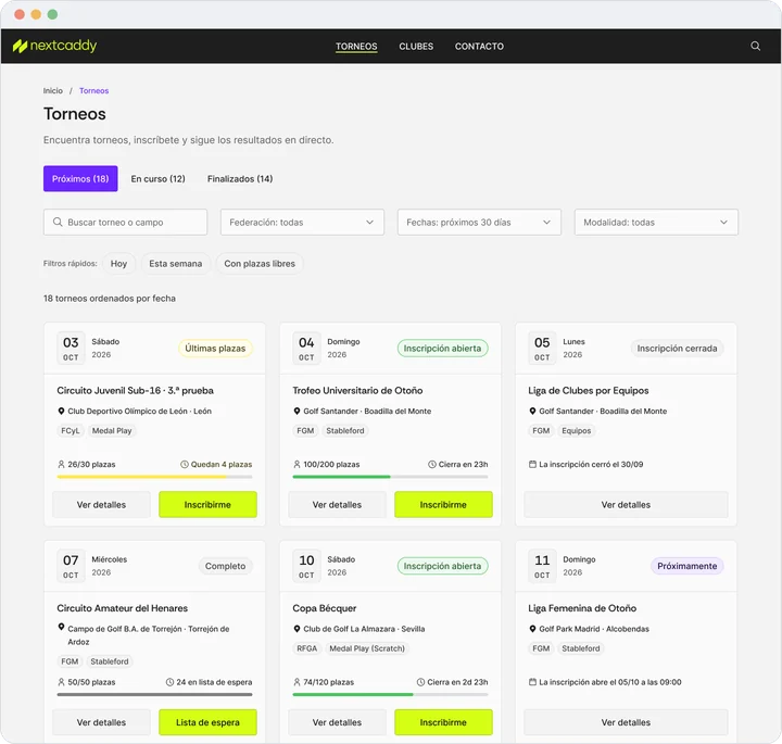 Listado de torneos propuesto: pestañas Próximos, En curso y Finalizados; buscador y filtros de federación, fechas y modalidad; filtros rápidos y seis tarjetas de torneo, entre ellas la Copa Bécquer con la inscripción abierta.