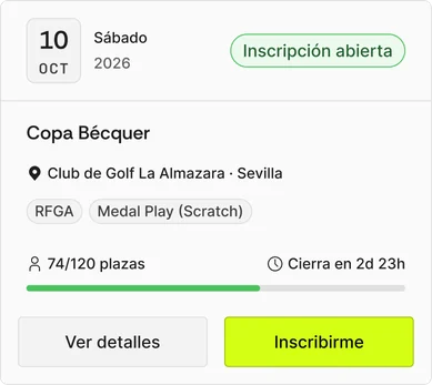 Tarjeta de la Copa Bécquer con la etiqueta Inscripción abierta, 74 de 120 plazas, cierre en 2 días y 23 horas, y los botones Ver detalles e Inscribirme.