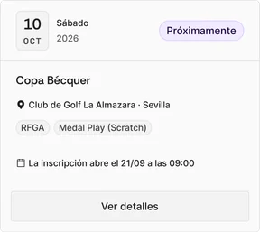 Etiqueta Próximamente; la inscripción abre el 21/09 a las 09:00; botón Ver detalles.