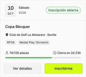 Etiqueta Inscripción abierta; 74 de 120 plazas y cierre en 2 días y 23 horas; botones Ver detalles e Inscribirme.