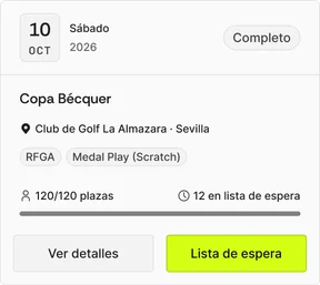 Etiqueta Completo; 120 de 120 plazas y 12 en lista de espera; botones Ver detalles y Lista de espera.