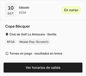 Etiqueta En curso; torneo en juego, resultados en breve; botón Ver horarios de salida.
