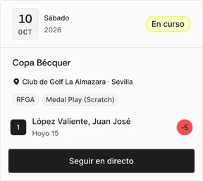 Etiqueta En curso; líder López Valiente, Juan José, en el hoyo 15 con -5; botón Seguir en directo.