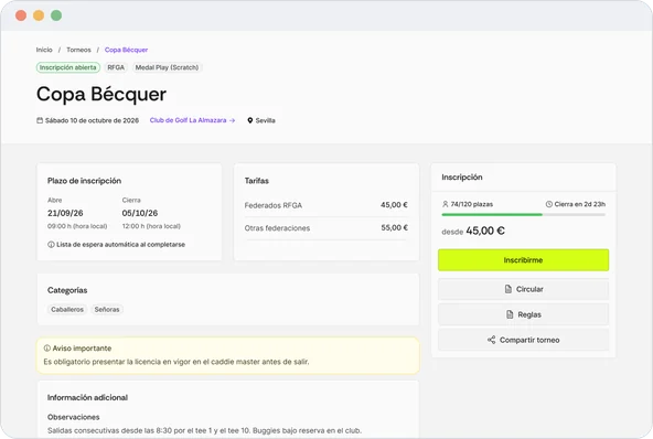Ficha de la Copa Bécquer antes del torneo: plazo de inscripción, tarifas, categorías y aviso de licencia; en el lateral, plazas, precio desde 45 euros y el botón Inscribirme.