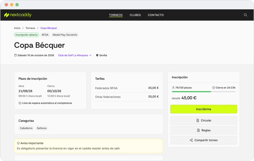Ficha de la Copa Bécquer en desktop: cabecera con etiqueta Inscripción abierta, plazo, tarifas y categorías; a la derecha, el lateral de inscripción con plazas, precio y botón Inscribirme.