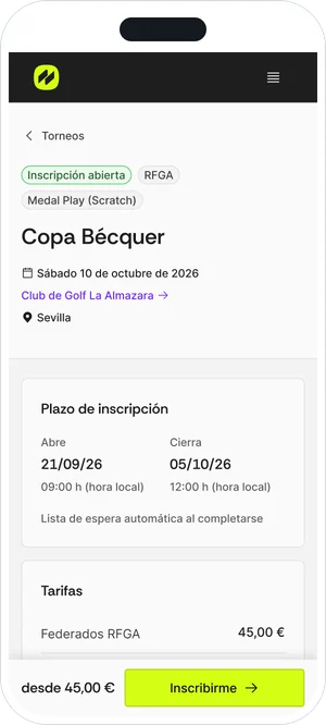 La misma ficha en móvil: enlace para volver a Torneos, etiqueta Inscripción abierta, plazo y tarifas, y abajo una barra fija con el precio desde 45 euros y el botón Inscribirme.