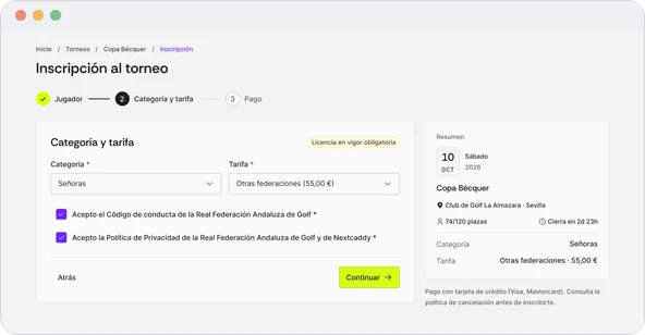 Paso 2: categoría Señoras y tarifa Otras federaciones, 55 euros, con las casillas de condiciones marcadas; el resumen lateral ya muestra categoría y tarifa.
