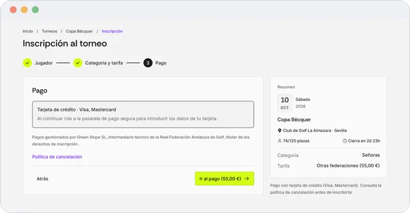 Paso 3, pago con tarjeta mediante pasarela segura y botón Ir al pago con el importe de 55 euros; el resumen lateral se mantiene.