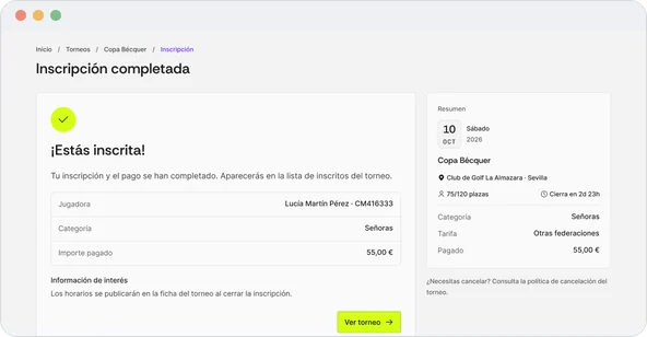Confirmación: ¡Estás inscrita!, con jugadora, categoría e importe pagado de 55 euros; el resumen lateral pasa a 75 de 120 plazas.