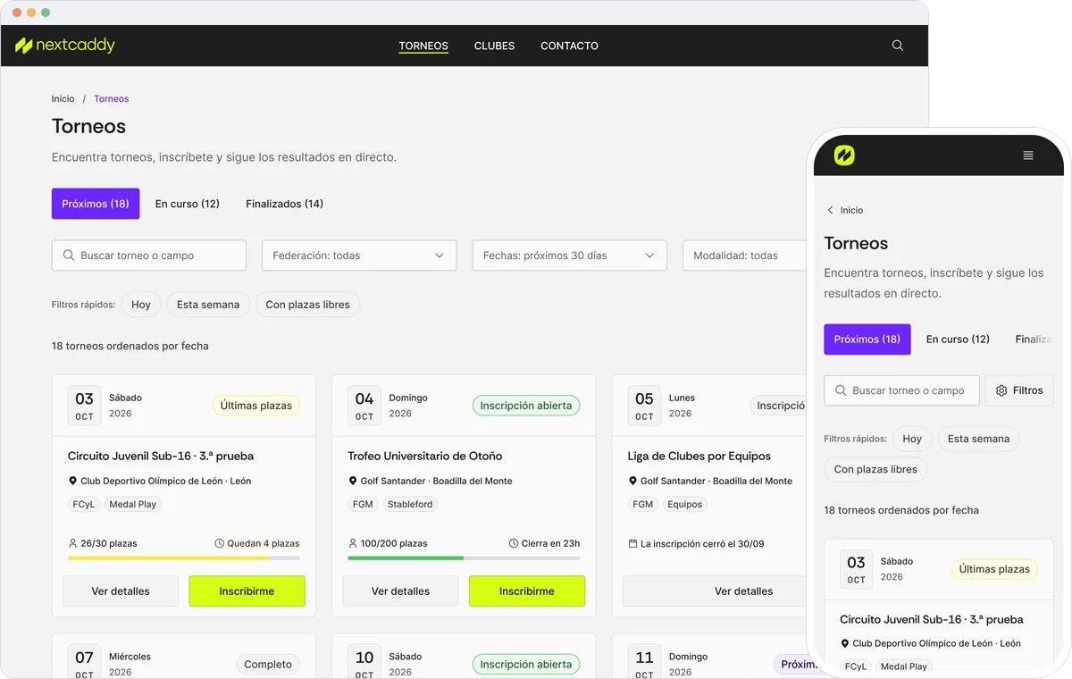Listado de torneos propuesto en desktop y en móvil, con la pestaña Próximos activa, filtros y tarjetas de torneo.